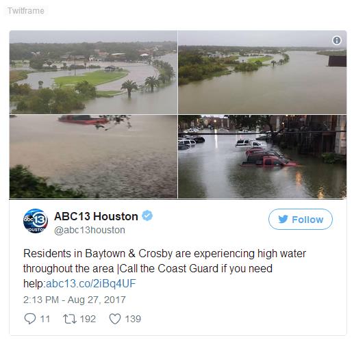 休斯顿飓风洪水史无前例！华人网上求救