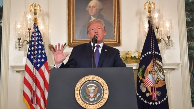 US President Donald Trump addresses the nation on the situation in Syria April 13, 2018 at the White House in Washington, DC. Trump said strikes on Syria are under way.