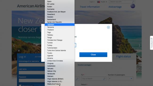 美国航空公司网站 “台湾”选项已不见