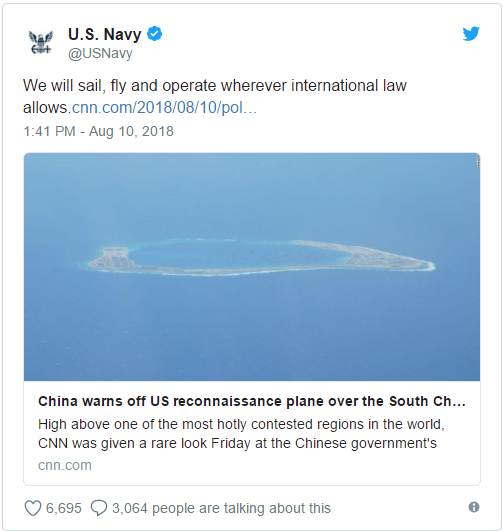 美军强势回应中国对其南中国海飞行警告