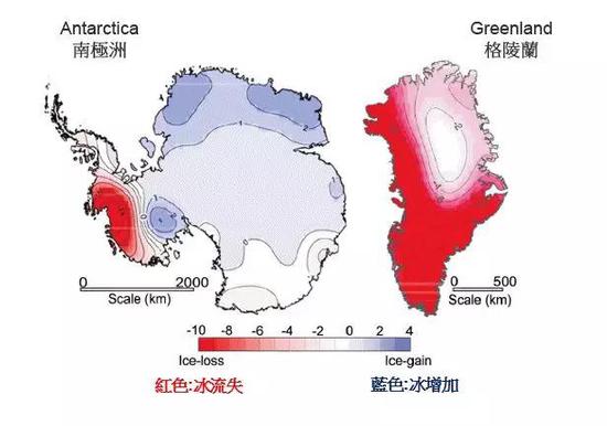 图11  南极冰盖和格陵兰冰盖1992-2012年冰量变化