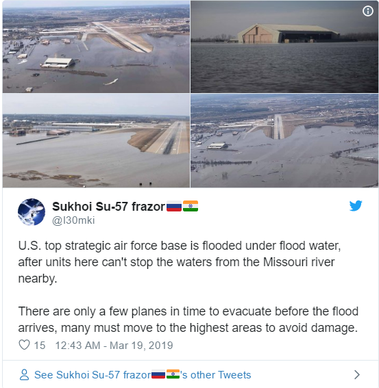 密苏里河涨水 美军空军基地遭洪水淹没