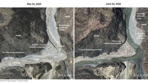 路透社6月25日报道，通过对比5月22日与6月22日的卫星图片发现，中国解放军在加勒万河谷边持续布防，加建了不少营地建筑。（路透社）