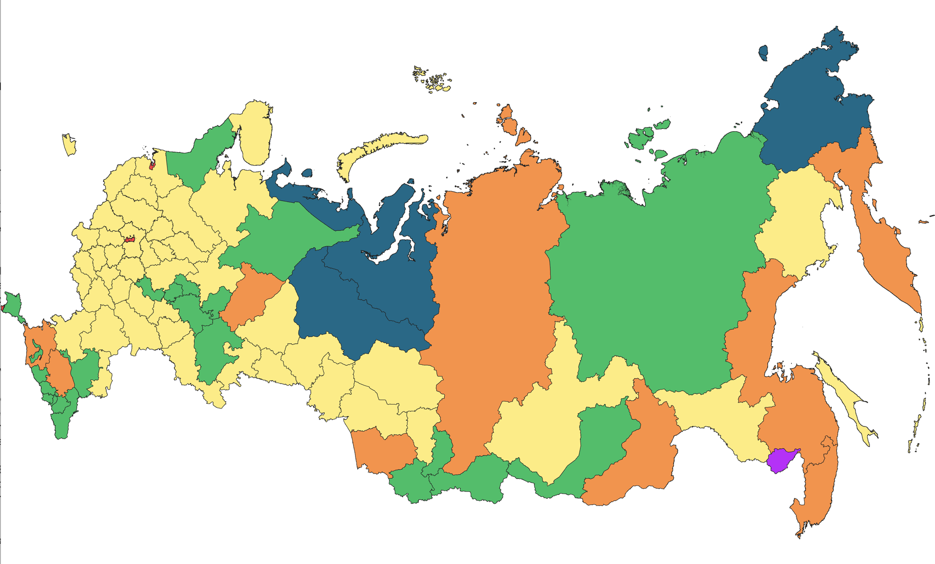 俄罗斯有85个“联邦主体”，共分为六种类别：共和国、州、边疆区、联邦直辖市、民族自治区和自治州。（维基百科公共领域）