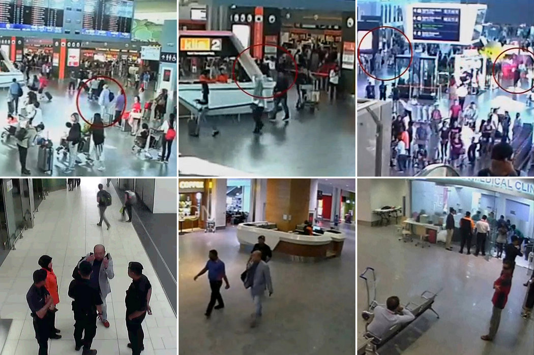 吉隆坡机场的安保摄像头拍到金正男抬头看出发航班公告板，一名女子在袭击了他后走开。遇袭后他向机场安保人员求助，并被送往医务室。
