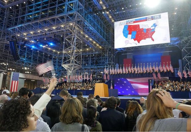2016年，希拉里·克林顿的支持者在大选之夜观看结果（资料照片）