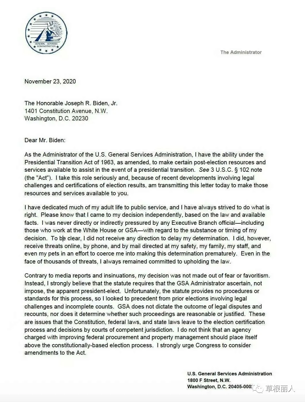美总务署长给拜登的信函，不是妥协，是炸弹