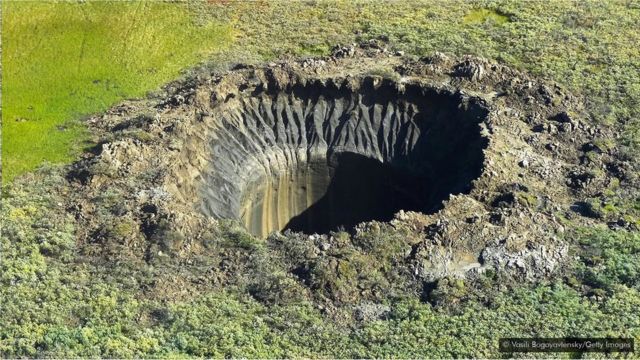 天然气喷发造成环形坑洞之时场面相当壮观，可看见剧烈爆炸将泥土和冰塊猛烈抛出而形成的圆柱型深洞。