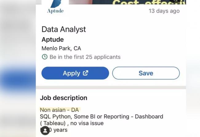 招聘条件要求竟写“非亚裔” 硅谷公司道歉