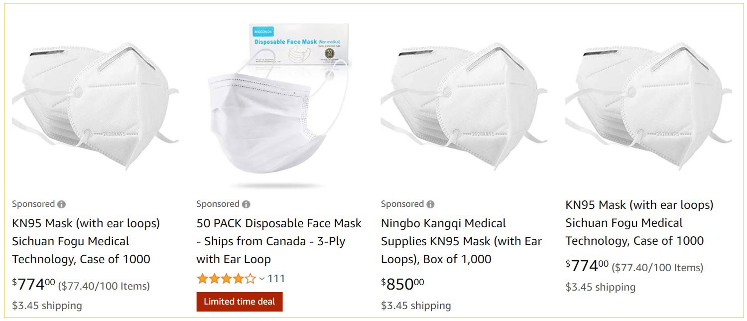 加拿大亚马逊和其他零售卖场，出售许多不同厂牌的KN95口罩。(亚马逊网站截图)