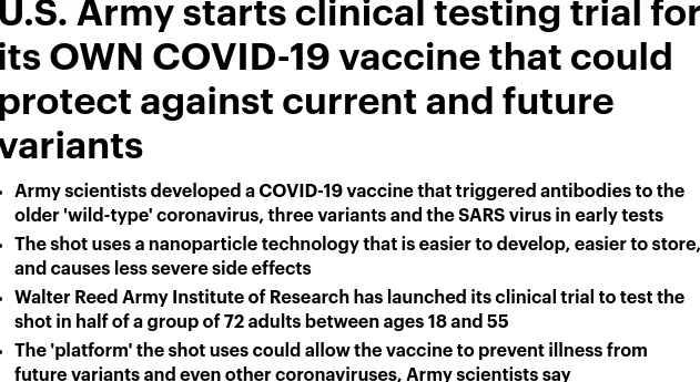 美军自研新冠疫苗进入临床试验 抗多种新冠变种
