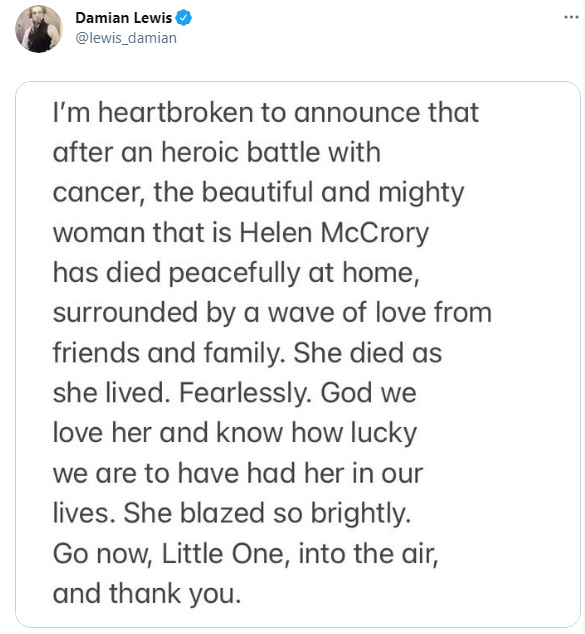 英国女演员海伦·麦克洛瑞因癌症去世 终年52岁
