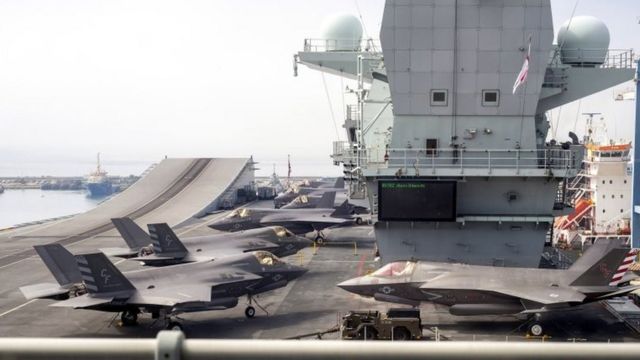 Lockheed Martin F-35B Lightning II combat aircrafts of the US Marine Fighter Attack Squadron 211 (VMFA 211) on the flight deck of the HMS Queen Elizabeth at the port of Limassol, Cyprus, 01 July 2021.