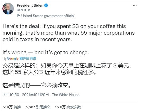 拜登:如果你花3美元买咖啡 已比55家公司纳税多