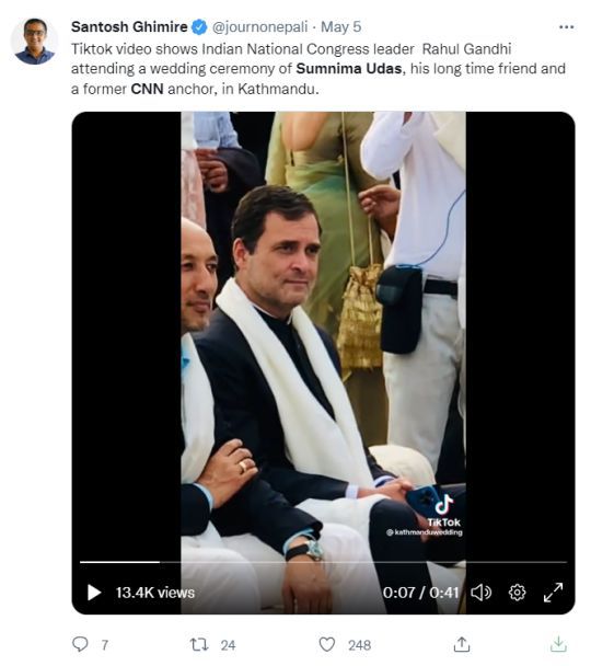 推特使用者@Journonepal發布證實蘇姆尼瑪·烏達斯的婚禮招待會如期舉行的視頻。   圖：翻攝自推特