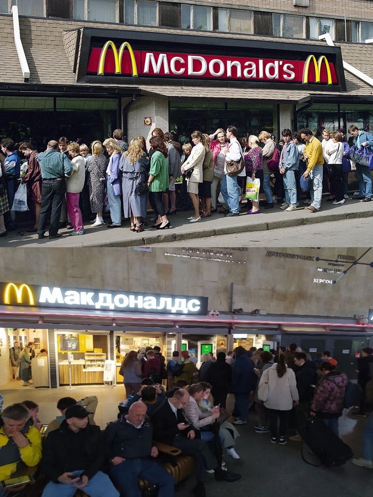 俄國網友諷刺1990年麥當勞剛引進時的大排長龍(上)，2022年麥當勞撤出的大排長龍(下)。翻自推特
