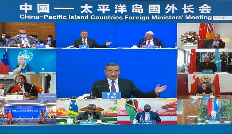 王毅5月30日在斐濟參加太平洋島國視訊會議，與各國外長交流。美聯社