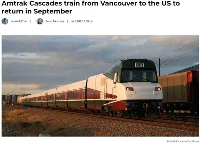 今秋，温哥华到西雅图最受欢迎列车线路恢复运营
