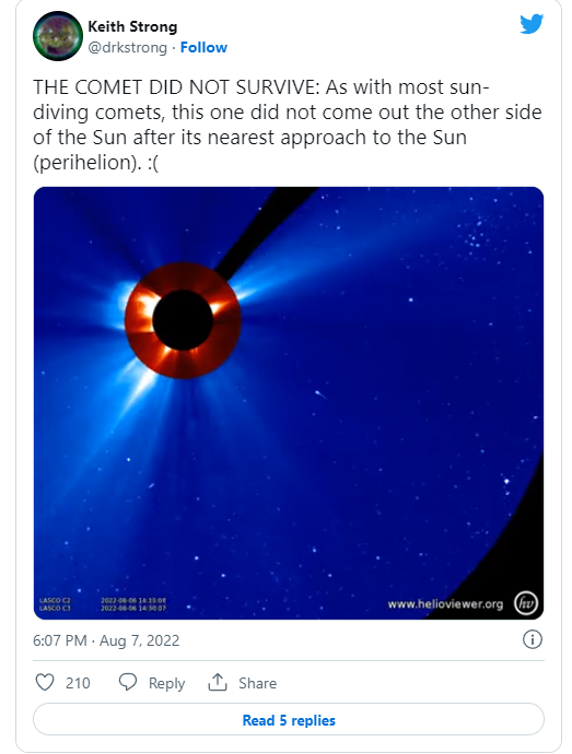 NASA捕捉到一颗“撞日彗星”冲向太阳的过程