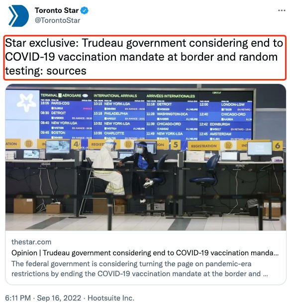 加拿大拟全面解除边境限制 坐飞机也不用戴口罩