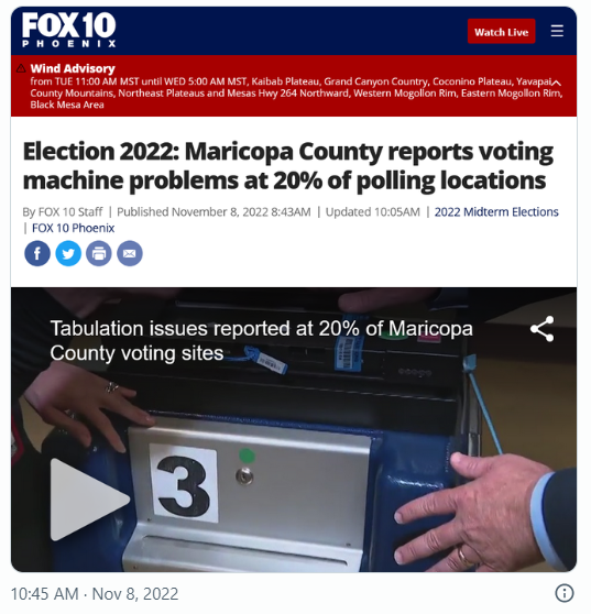 亚利桑那州马里科帕再出幺蛾子 20%投票机出故障