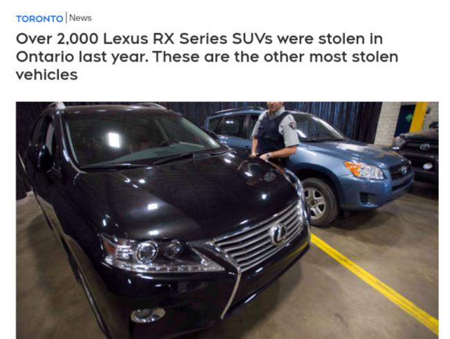 安省一款SUV去年被盗2000多台 这十种车最易被盗