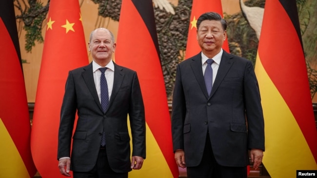 中国国家主席习近平在北京人大会堂会晤到访的德国总理朔尔茨。（2022年11月4日）