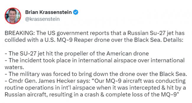 快讯！事发国际公域 俄战机撞毁美MQ9无人机