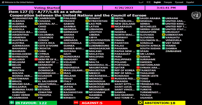 26日，聯合國大會要求全體成員對包含譴責俄羅斯侵占烏克蘭表述的法案進行整體投票，中共代表罕見投出贊成票。   圖：聯合國提供