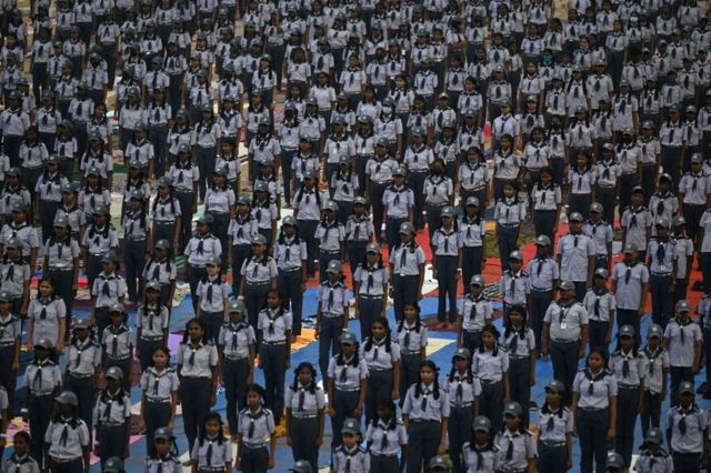 School students take part in a yoga training session in Chennai on January 7, 2023.