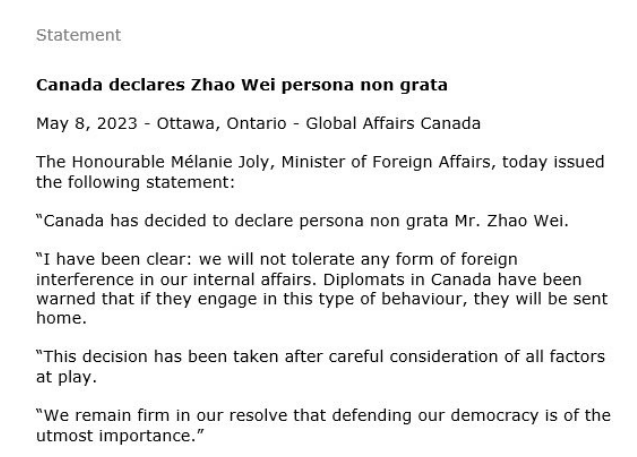 突发！加拿大宣布驱逐一名中国外交官