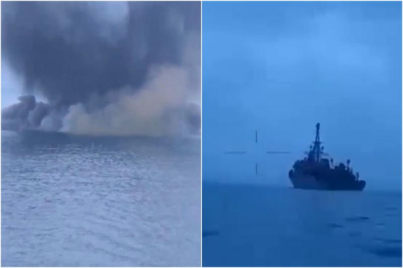 乌克兰国防部25日释出一段影片，其中显示无人驾驶船只与俄罗斯侦察船「伊凡赫斯号」相撞之前的画面。(路透)