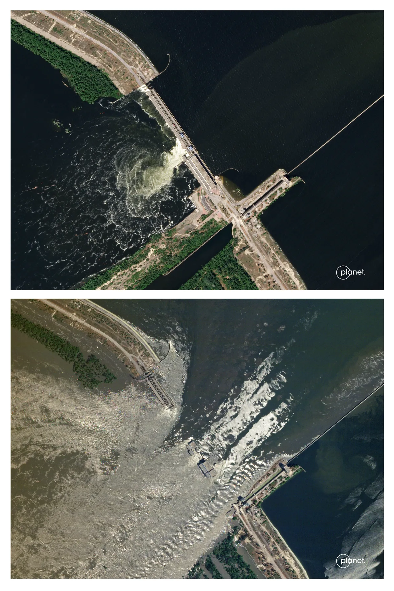 上圖為6月4日拍到的水壩衛星圖像，下圖為6月6日被炸毀後的景象。美聯社