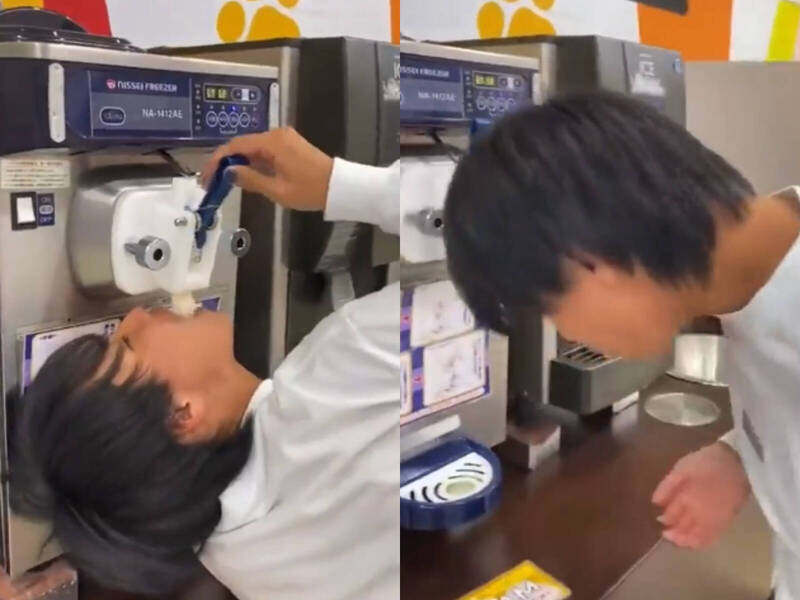 日本21歲男大生在卡拉OK店內的霜淇淋機，直接用嘴接食，噁心行為引發批評。（擷取自推特）