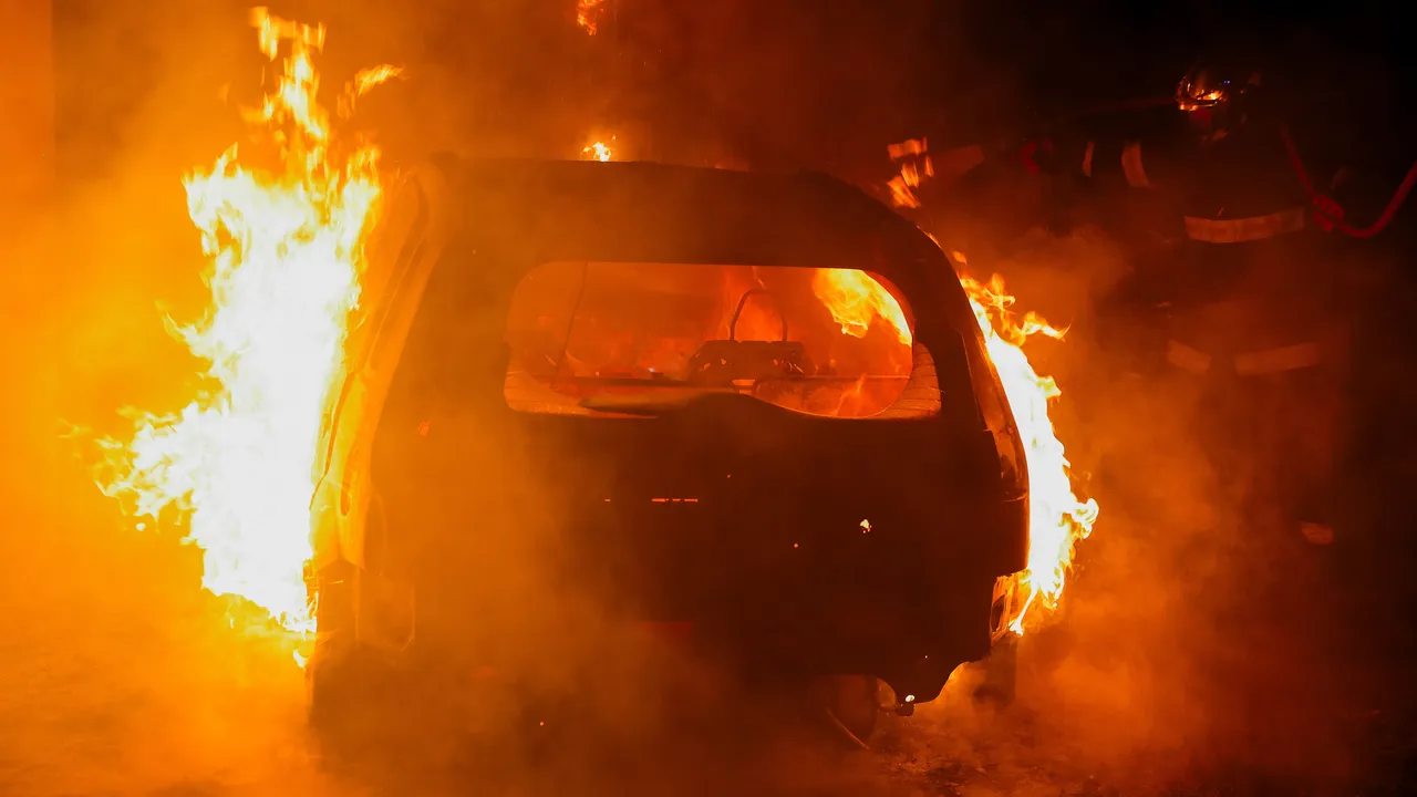 抗议民众烧毁路边的车辆。路透社