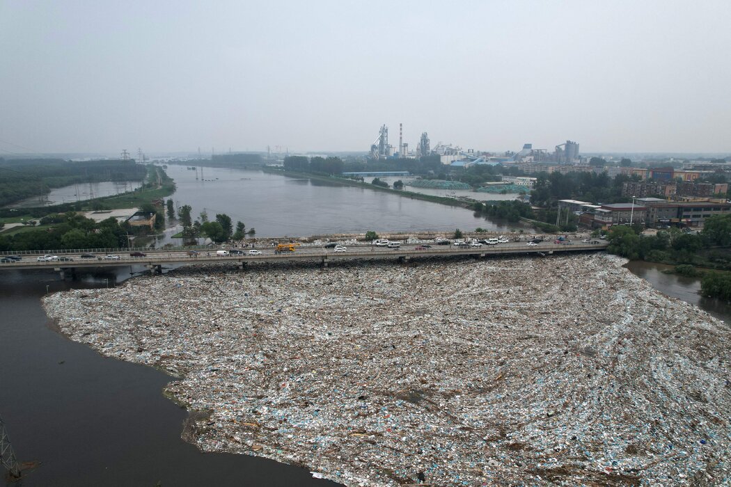 北京郊区暴雨过后河中漂浮的垃圾。首都的洪水被分流到河北省。