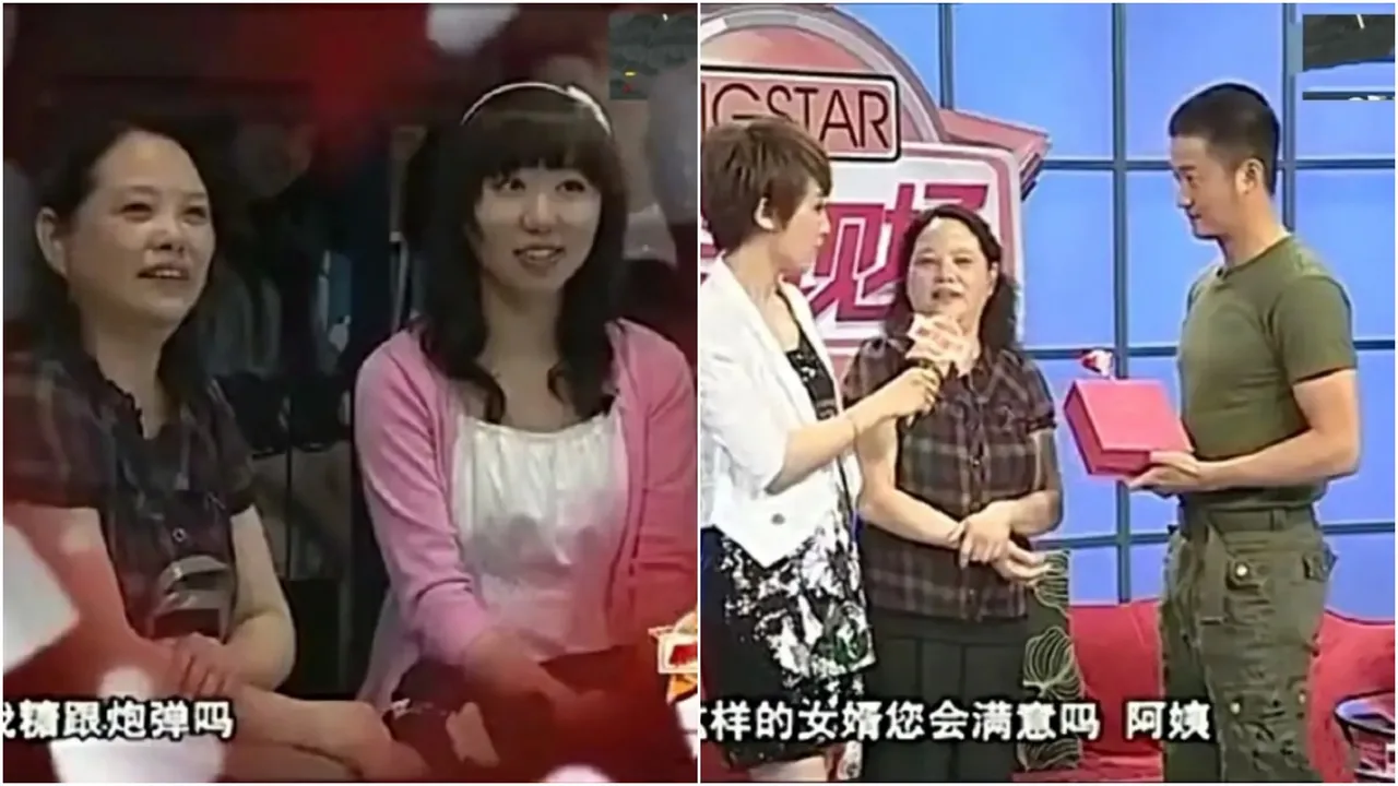 網民挖出柳驪(左圖粉色外套女子)過去上節目，公開對吳京(右圖右)示愛片段。翻攝自微博