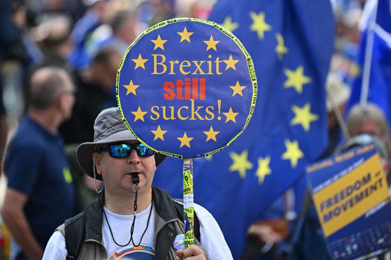 数以百计民众今天在伦敦市中心挥舞著欧洲联盟旗帜，呼吁英国重新加入欧盟。（Gett...