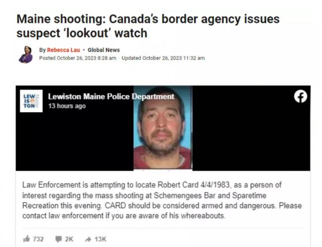 加拿大发布警报！枪杀18人的美枪手或逃至加拿大