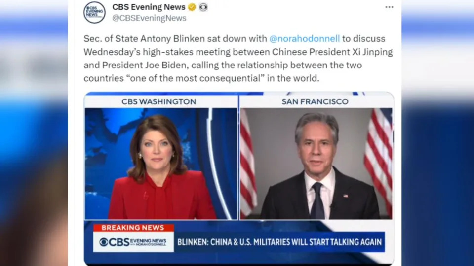 布林肯接受《CBS》訪問。（圖／翻攝自X）