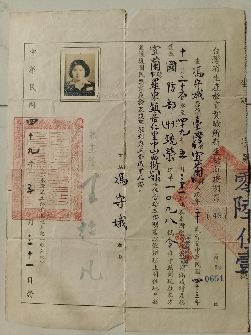 冯守娥坐牢（1950年-1960年）在土城生教所部分的服刑纪录。（作者陈志平提供...