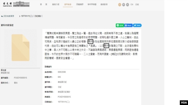 台湾国史馆网站上公开的蒋经国1977年1月11日的日记截图