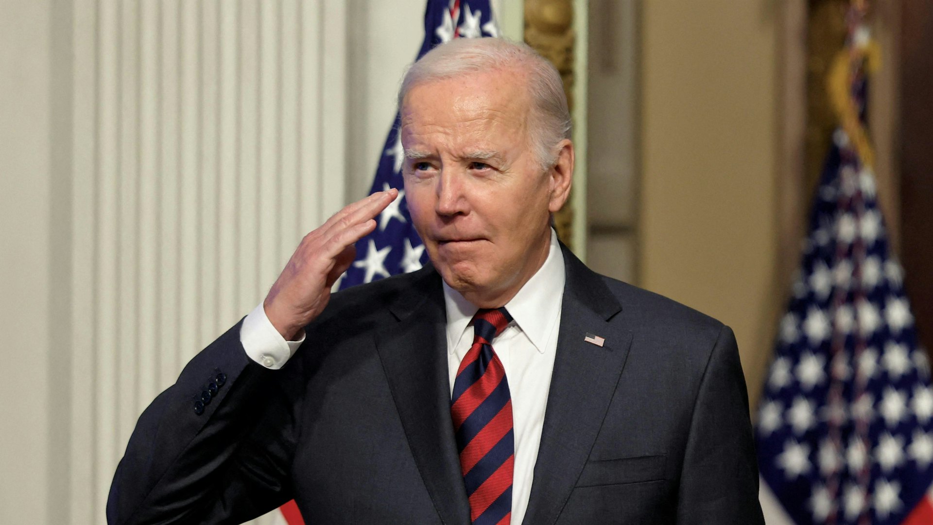 圖為美國總統拜登（Joe Biden）2023年11月27日在白宮發表演講。（Reuters）