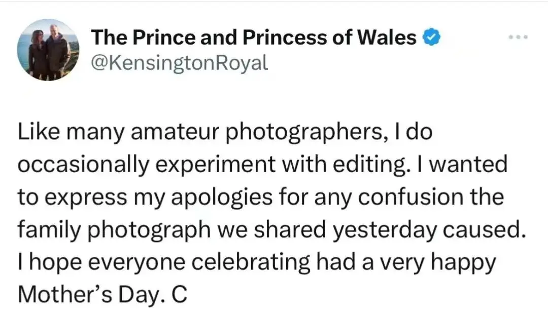 凯特王妃发声道歉 承认亲子照片修图