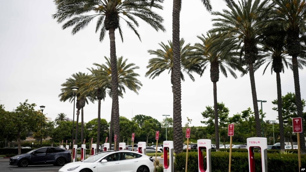 资料照片：2023年6月9日，特斯拉电动汽车在加利福尼亚州阿纳海姆的一个充电站充电。（美联社照片）
