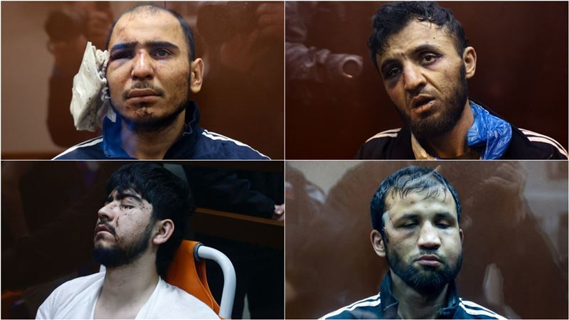 4名槍手出庭時鼻青臉腫，拉查巴利佐達（左上）、法佐夫（左下）、米佐耶夫（右上）、法力杜尼（右下）。（圖／翻攝自X）