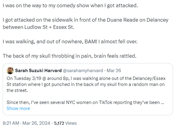 纽约安全状况堪忧 多名女子发帖称散步时被无端袭击_图1-1