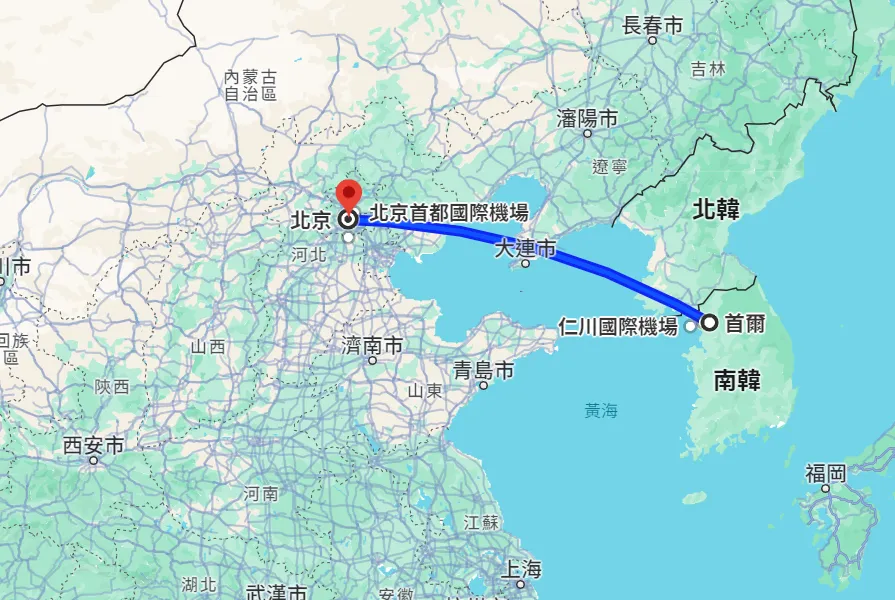 從南韓首都首爾到中國首都北京的距離約為953公里。翻攝GoogleMap