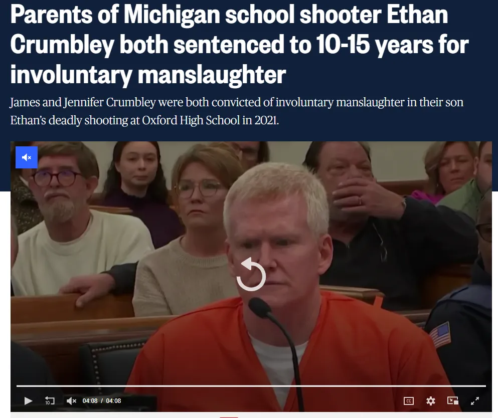 残忍枪杀4同学，密歇根枪击案凶手父母获刑10+年