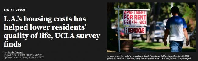 UCLA调查:洛杉矶居民生活质量因住房成本上涨而降